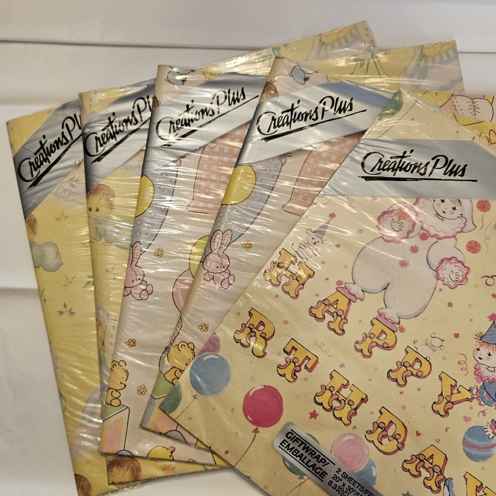 5 pkgs Vintage Baby Shower & Birthday wrap.
